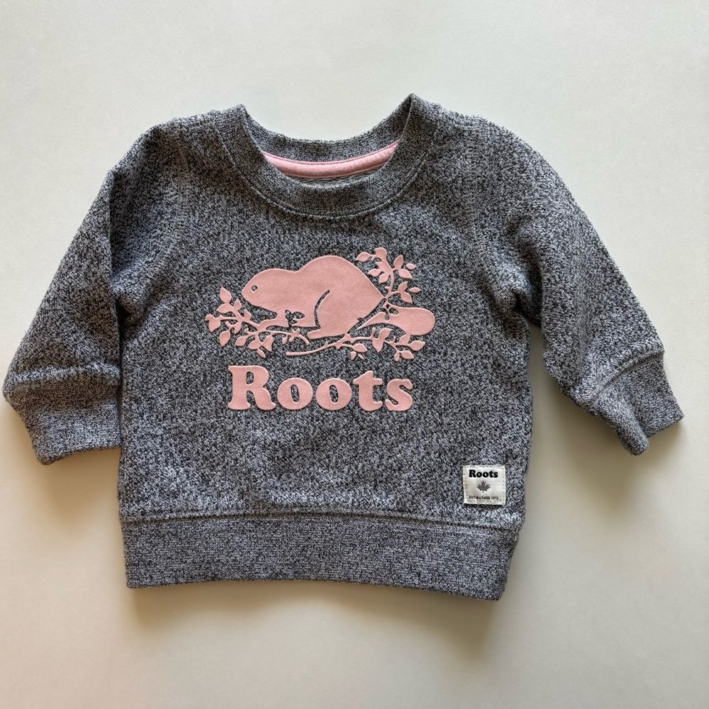 Roots Heather Gray & Pink Beaver Logo Baby Girl Pullover Sweatshirt Size XS